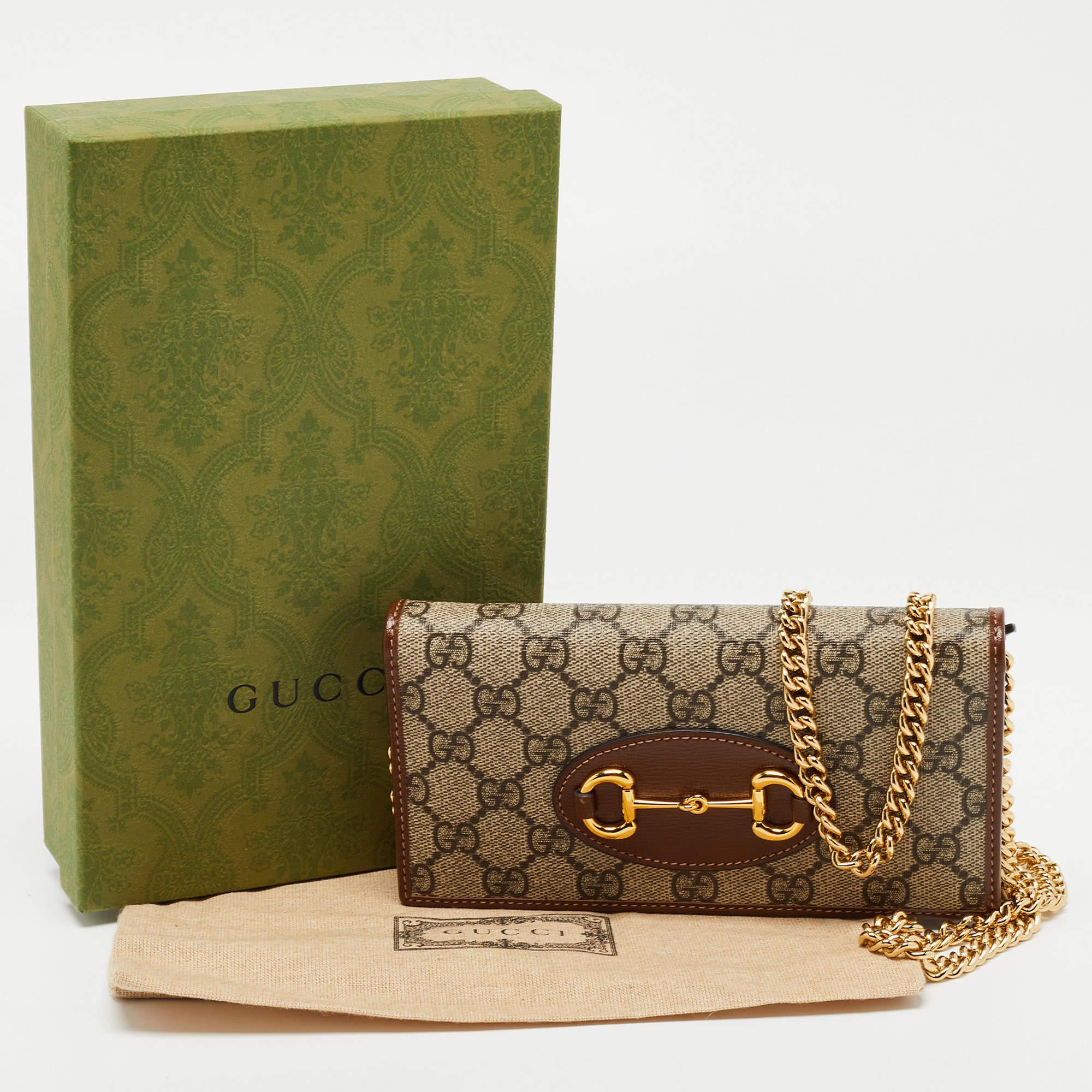 Gucci Brown/Beige GG Supreme Canvas and Leather Horsebit 1955 Wallet on Chain 3