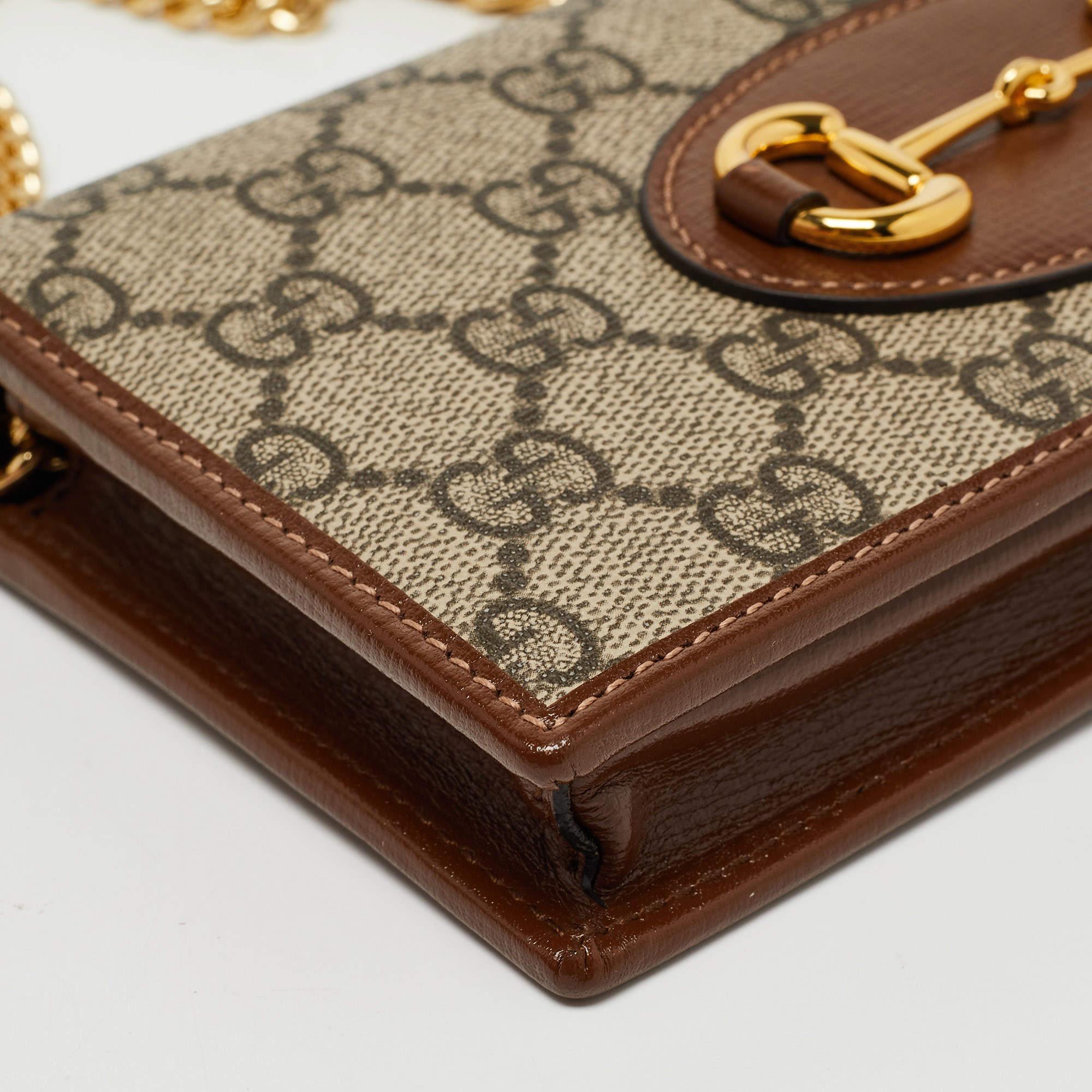 Gucci Brown/Beige GG Supreme Canvas and Leather Horsebit 1955 Wallet on Chain 4