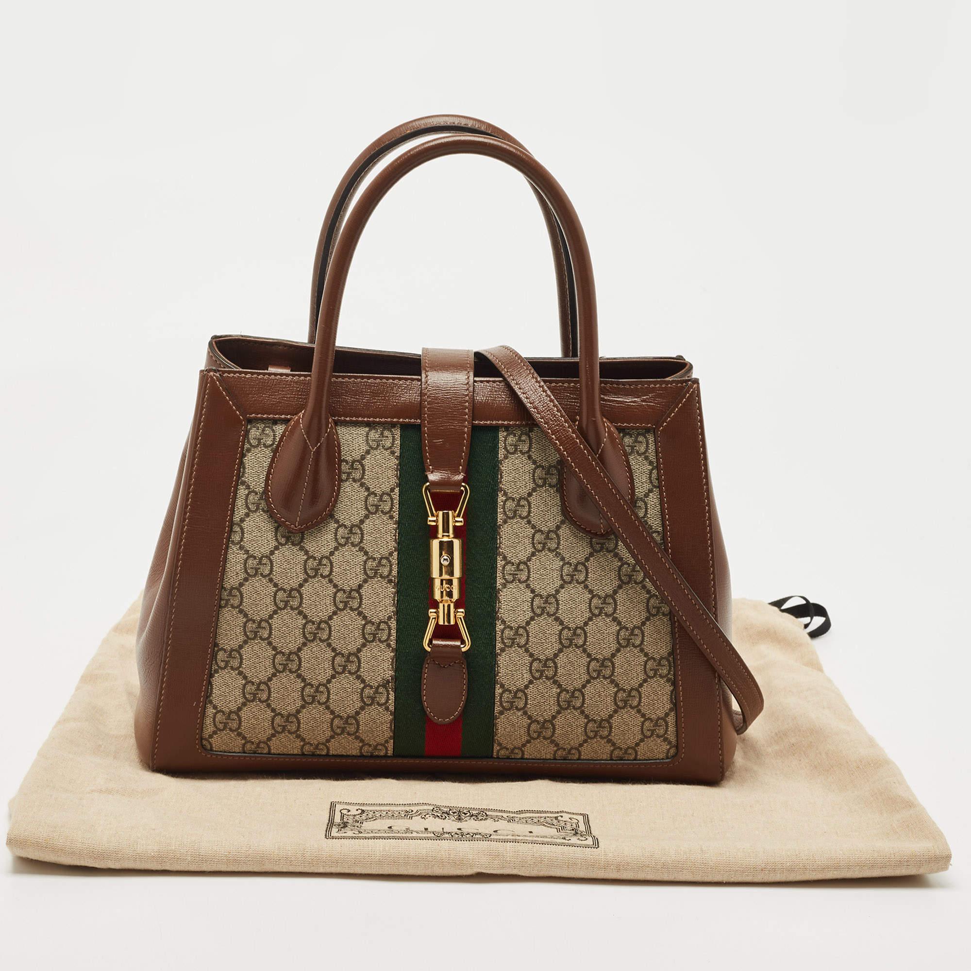 Gucci Brown/Beige GG Supreme Canvas and Leather Medium Web Jackie 1961 Tote 16