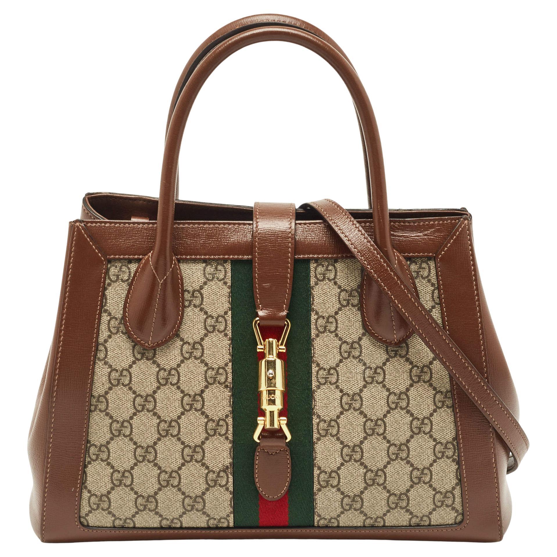 Gucci Brown/Beige GG Supreme Canvas and Leather Medium Web Jackie 1961 Tote