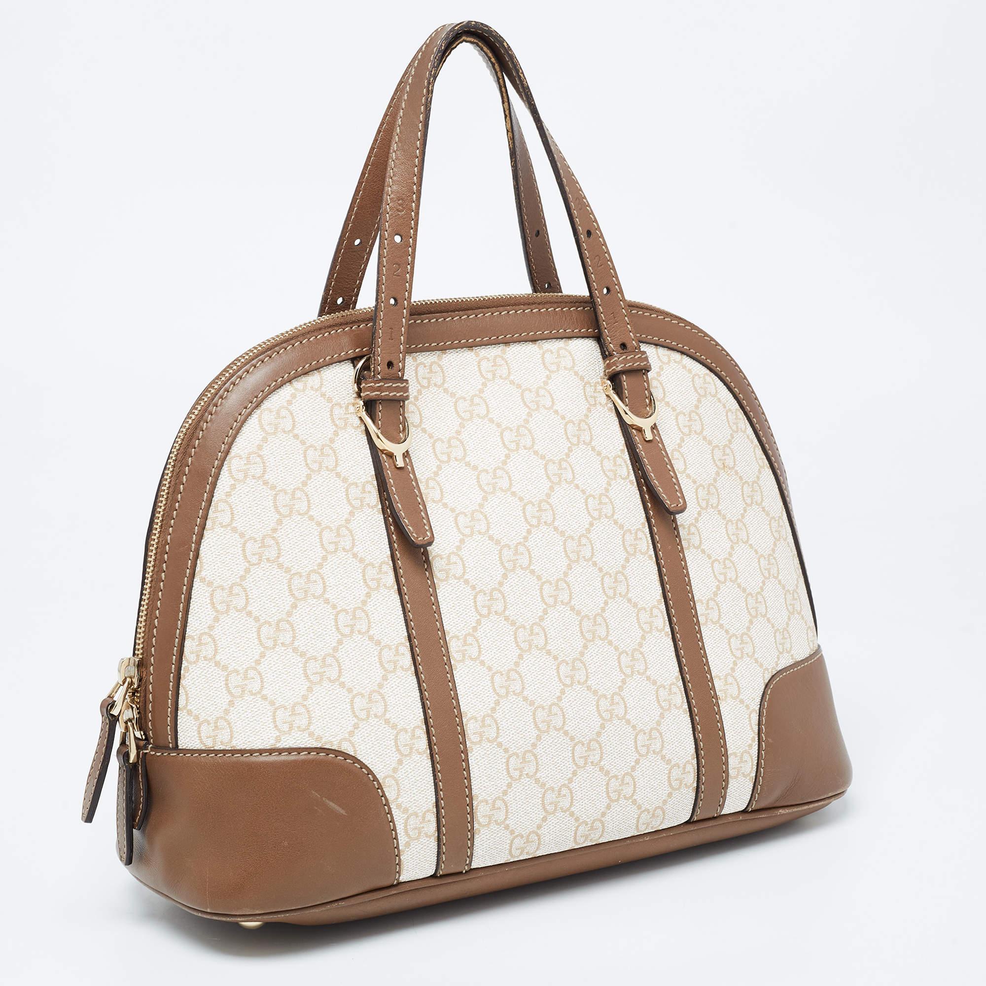 Gucci Brown/Beige GG Supreme Canvas and Leather Nice Dome Satchel For Sale 16