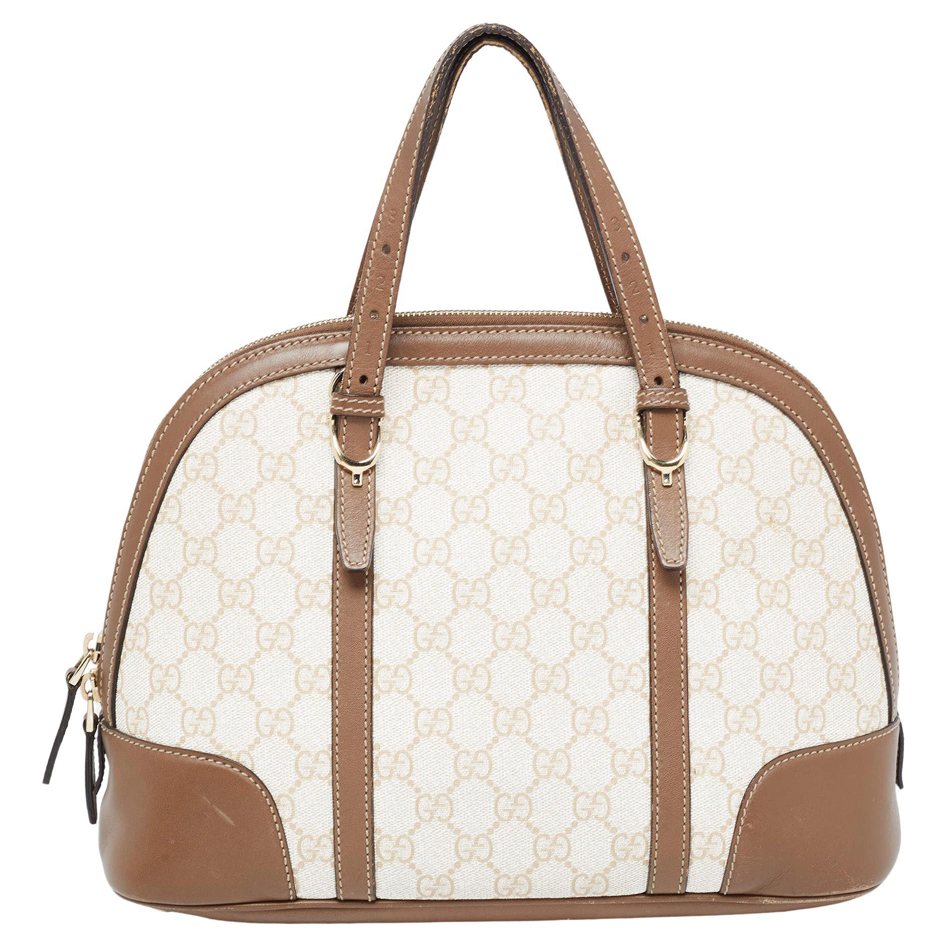 Gucci Brown/Beige GG Supreme Canvas and Leather Nice Dome Satchel For Sale