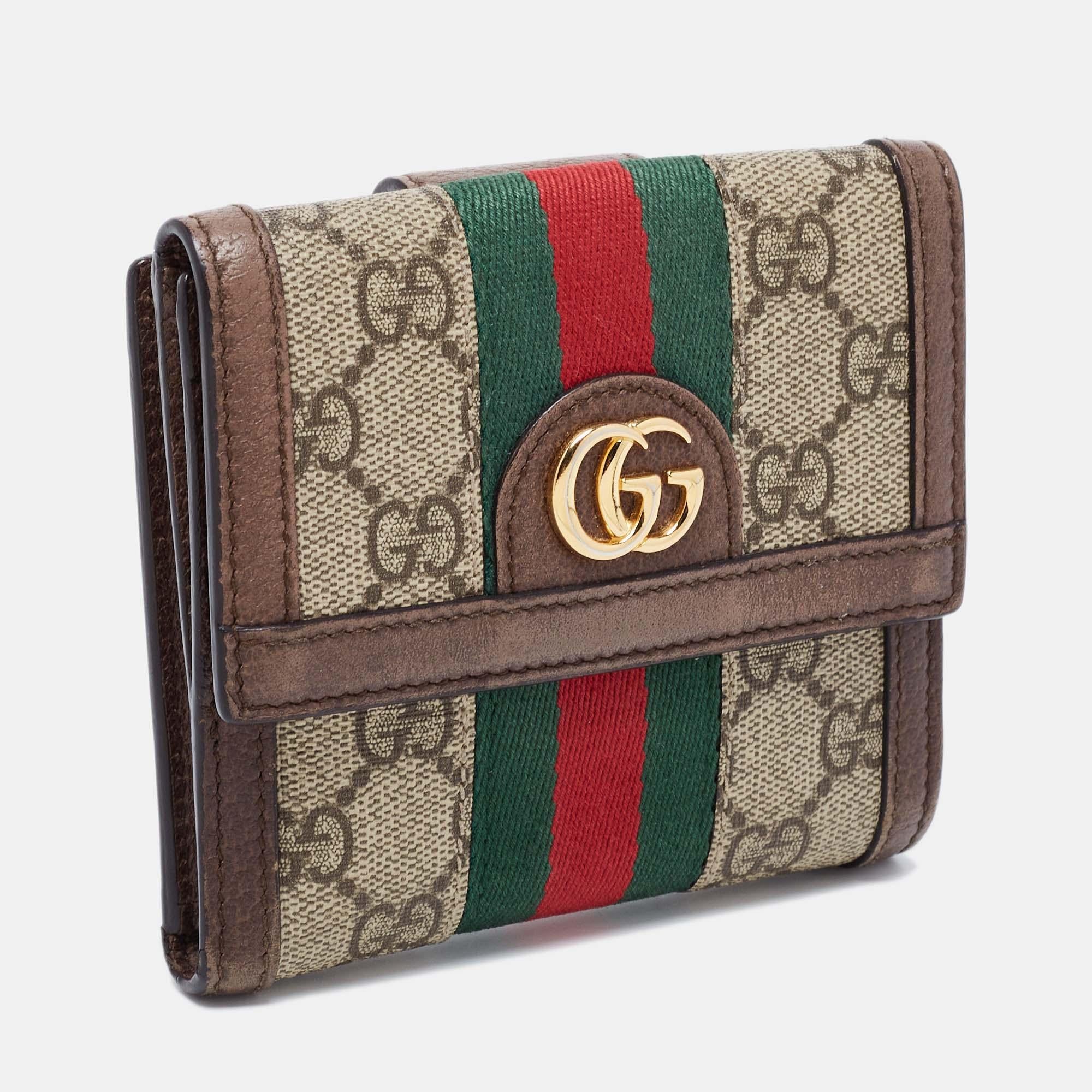 Gucci Brown/Beige GG Supreme Canvas and Leather Ophidia French Wallet In Good Condition In Dubai, Al Qouz 2