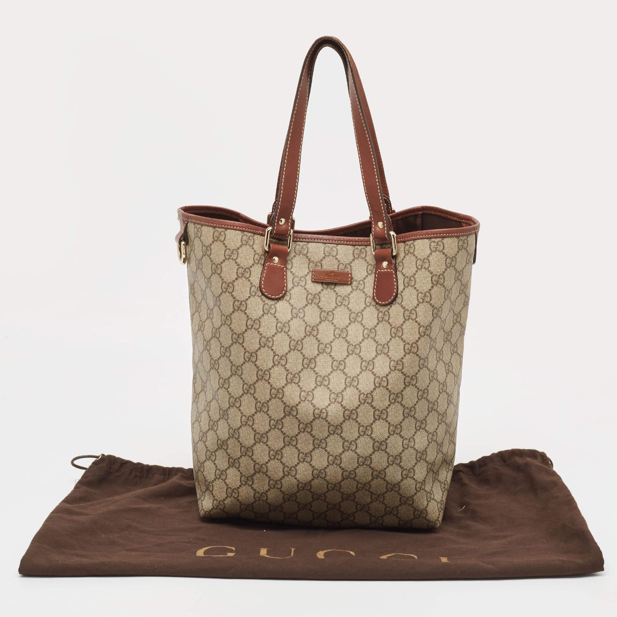 Gucci Brown/Beige GG Supreme Canvas and Leather Shopper Tote For Sale 12