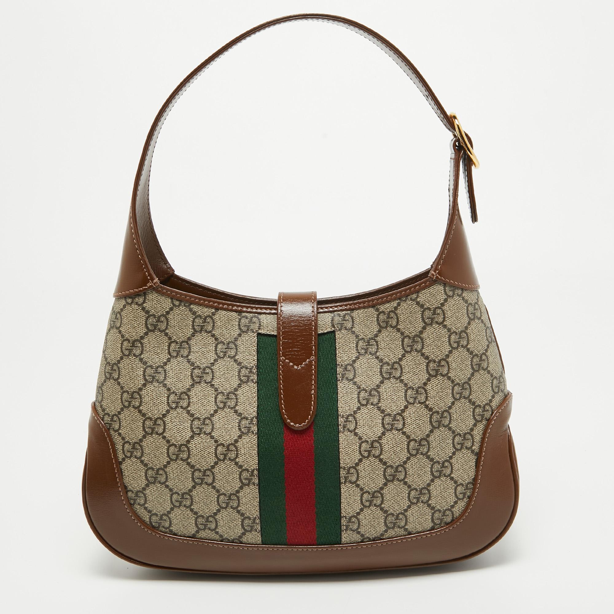 Women's Gucci Brown/Beige GG Supreme Canvas and Leather Small Jackie 1961 Hobo