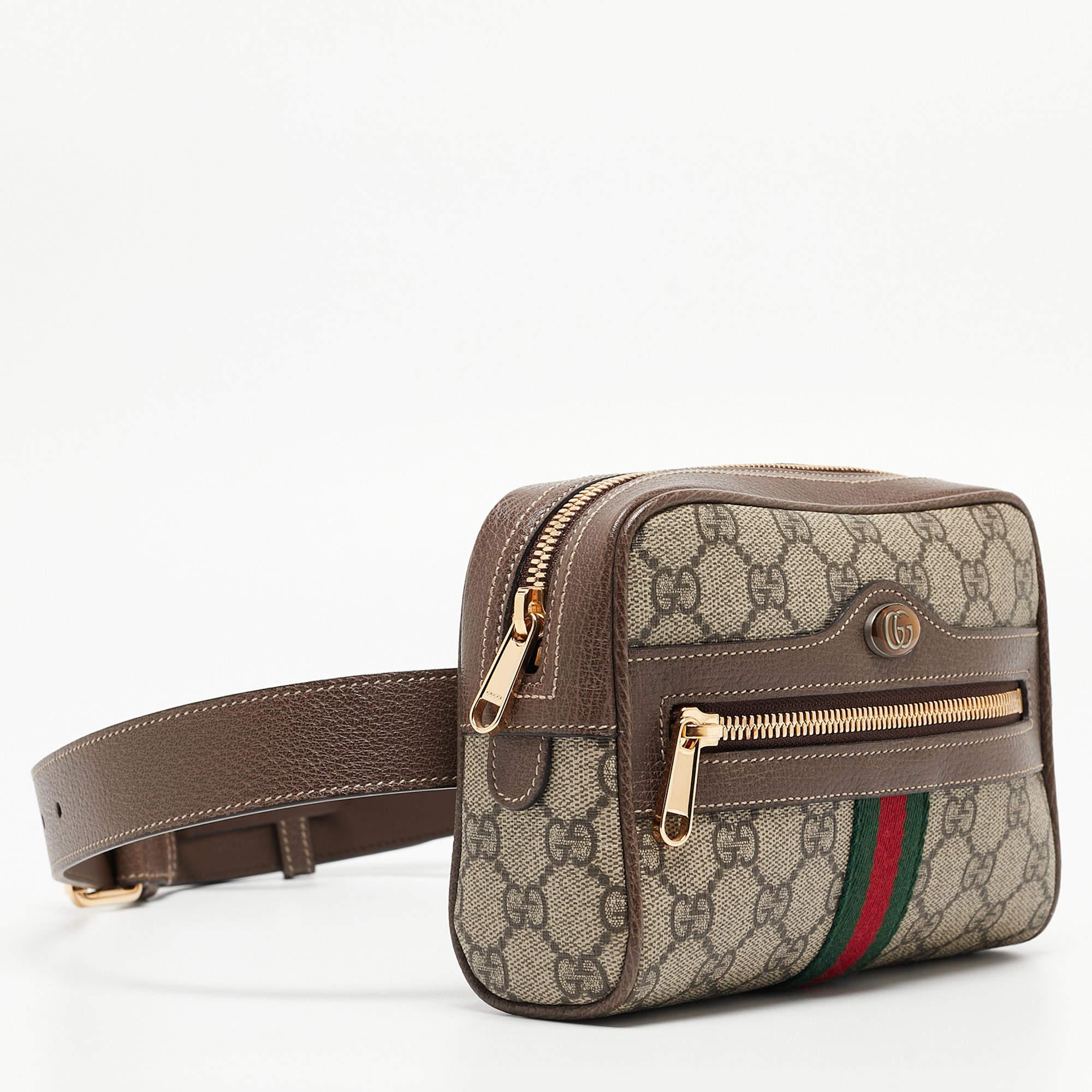 Women's Gucci Brown/Beige GG Supreme Canvas and Leather Small Ophidia Belt Bag For Sale