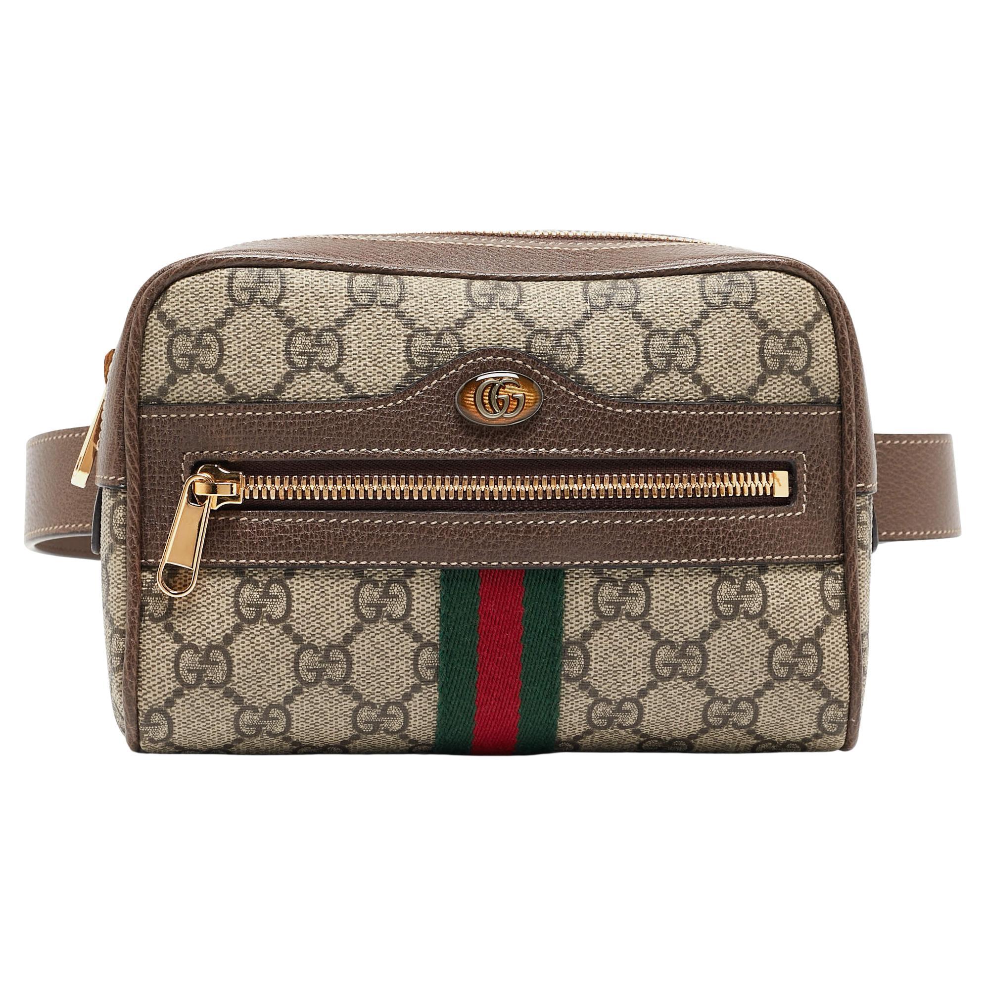 Gucci Brown/Beige GG Supreme Canvas and Leather Small Ophidia Belt Bag For Sale