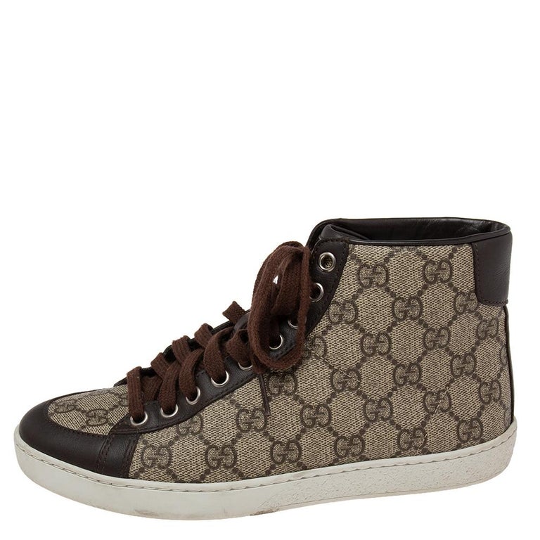 Gucci Brown/Beige GG Supreme Canvas and Leather Trim High-Top Sneakers Size  36 For Sale at 1stDibs | vintage gucci high top sneakers, gucci high top  sneakers brown, gucci high top beige