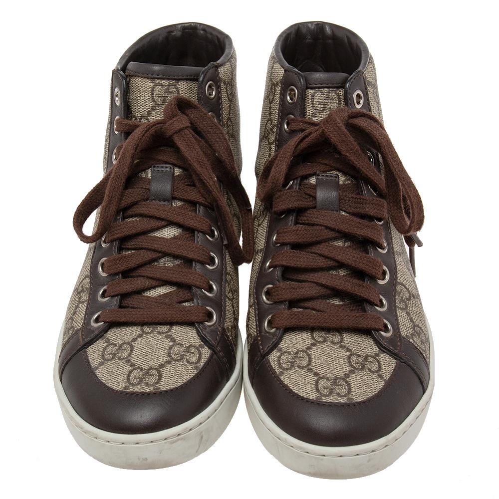 Gucci Marrone/Beige GG Supreme Canvas and Leather Trim High-Top Sneakers Taglia 36 In condizioni buone a Dubai, Al Qouz 2