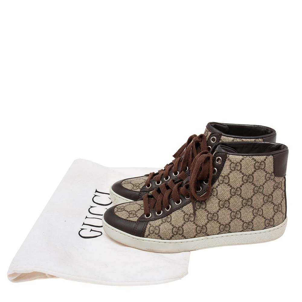 Gucci Marrone/Beige GG Supreme Canvas and Leather Trim High-Top Sneakers Taglia 36 4