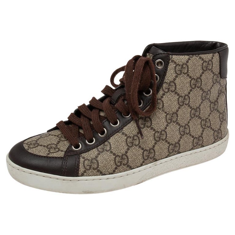 Springen Bijzettafeltje tyfoon Gucci Brown/Beige GG Supreme Canvas and Leather Trim High-Top Trainers Size  36 For Sale at 1stDibs