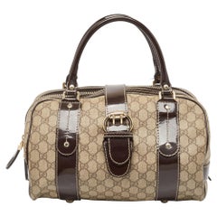 Gucci Brown/Beige GG Supreme Canvas and Patent Leather Buckle Flap Boston Bag