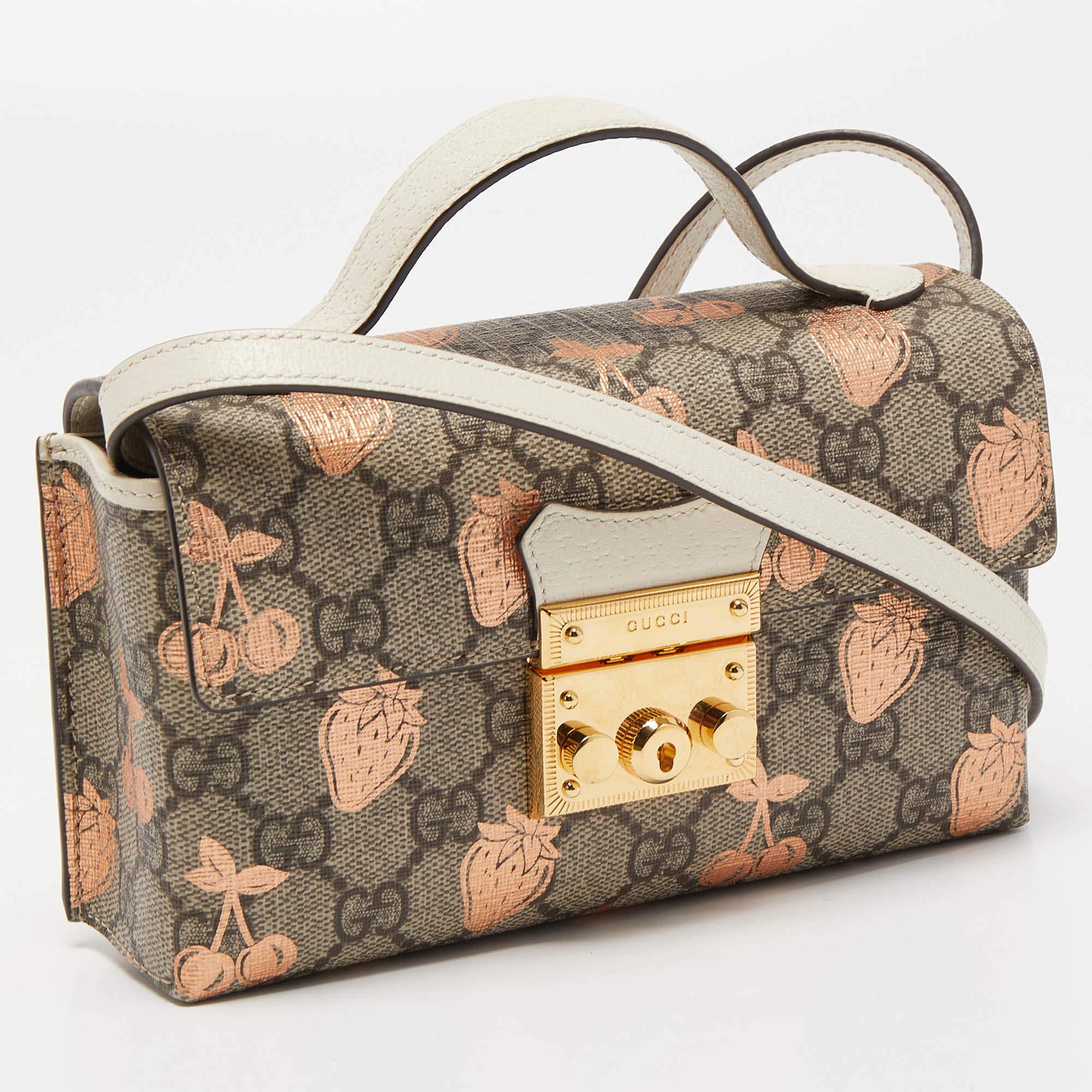 Women's Gucci Brown/Beige GG Supreme Canvas Berry Print Mini Padlock Shoulder Bag