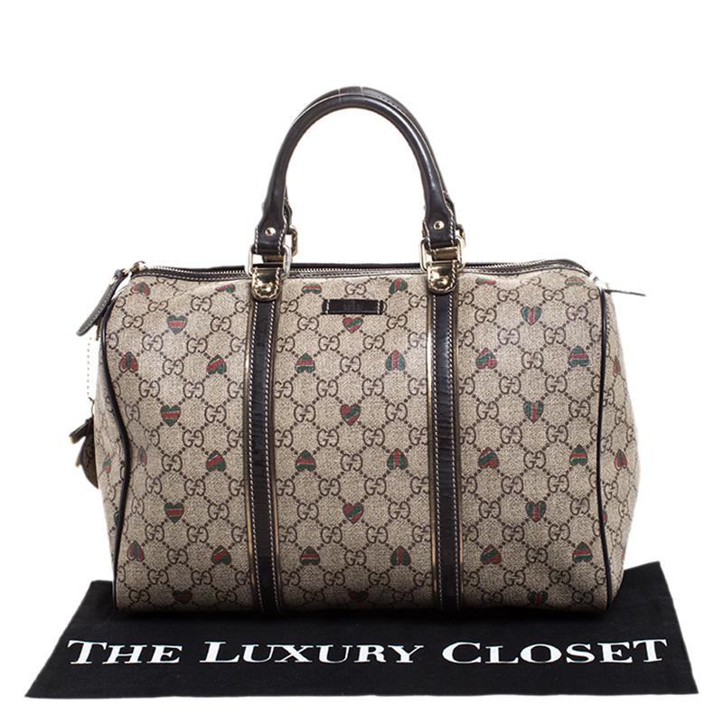 Gucci Brown/Beige GG Supreme Canvas Medium Tattoo Hearts Joy Boston Bag 6