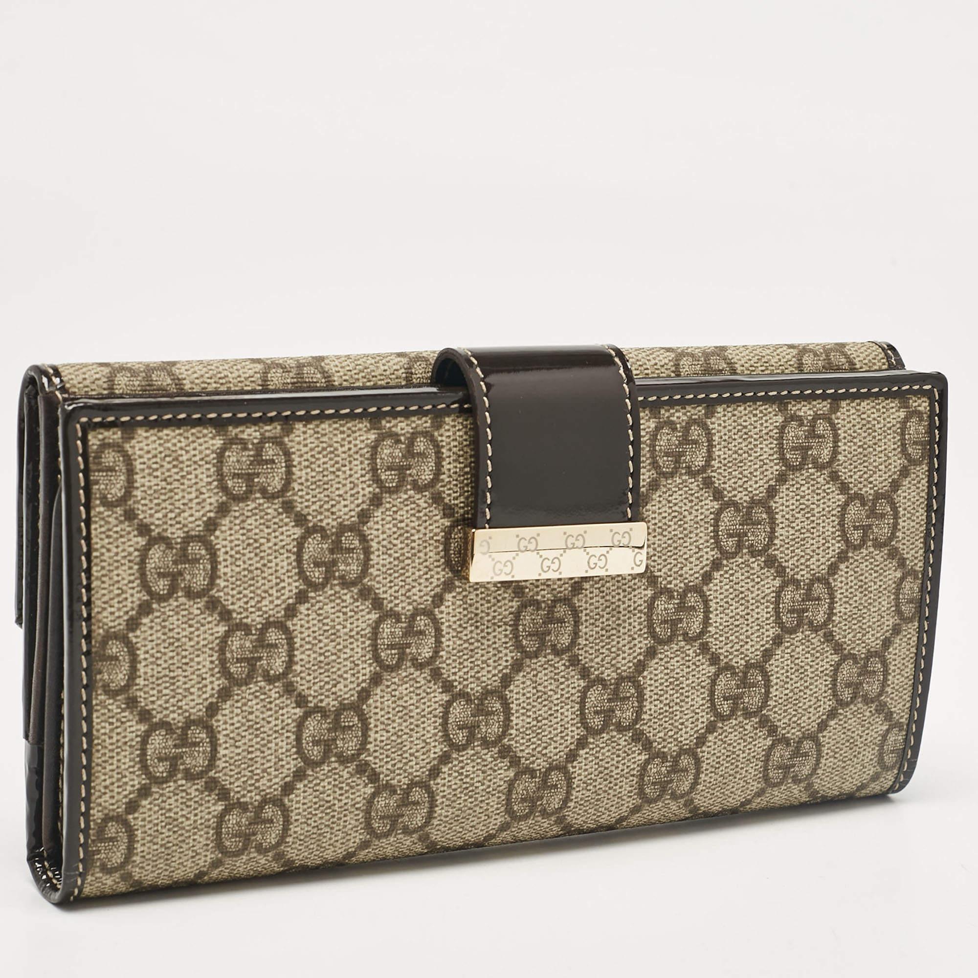 Gucci Brown/Beige GG Supreme Canvas Patent Leather Metal Flap Continental Wallet 2