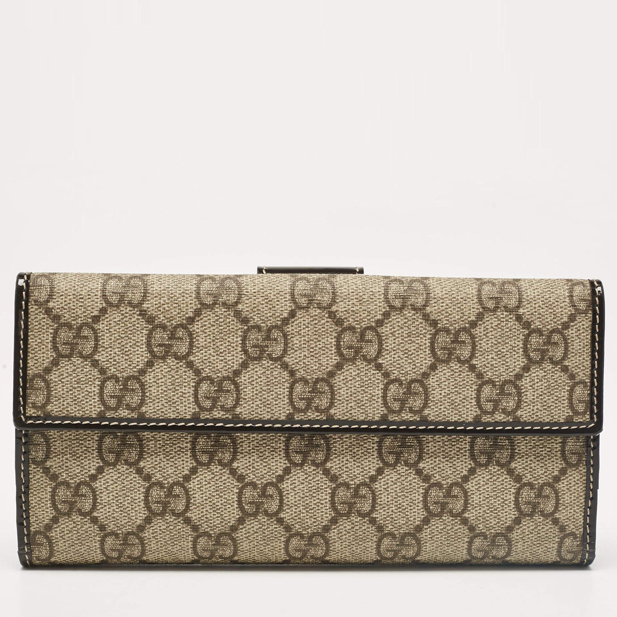 Gucci Brown/Beige GG Supreme Canvas Patent Leather Metal Flap Continental Wallet 3
