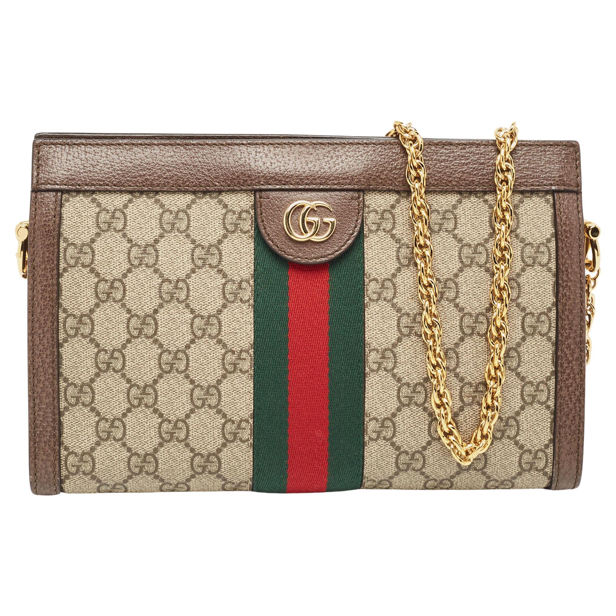 Gucci Brown/Beige GG Supreme Canvas Small Ophidia Shoulder Bag For Sale