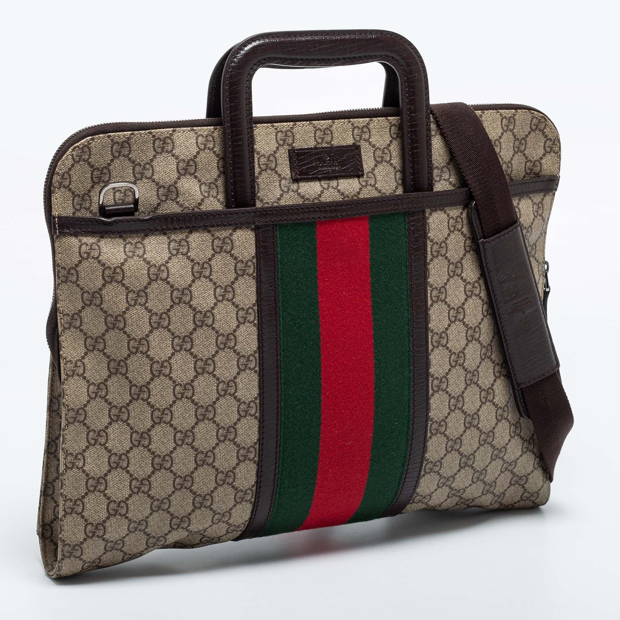 Gucci Brown/Beige GG Supremes Canvas and Leather Web Business Briefcase Bag  For Sale at 1stDibs
