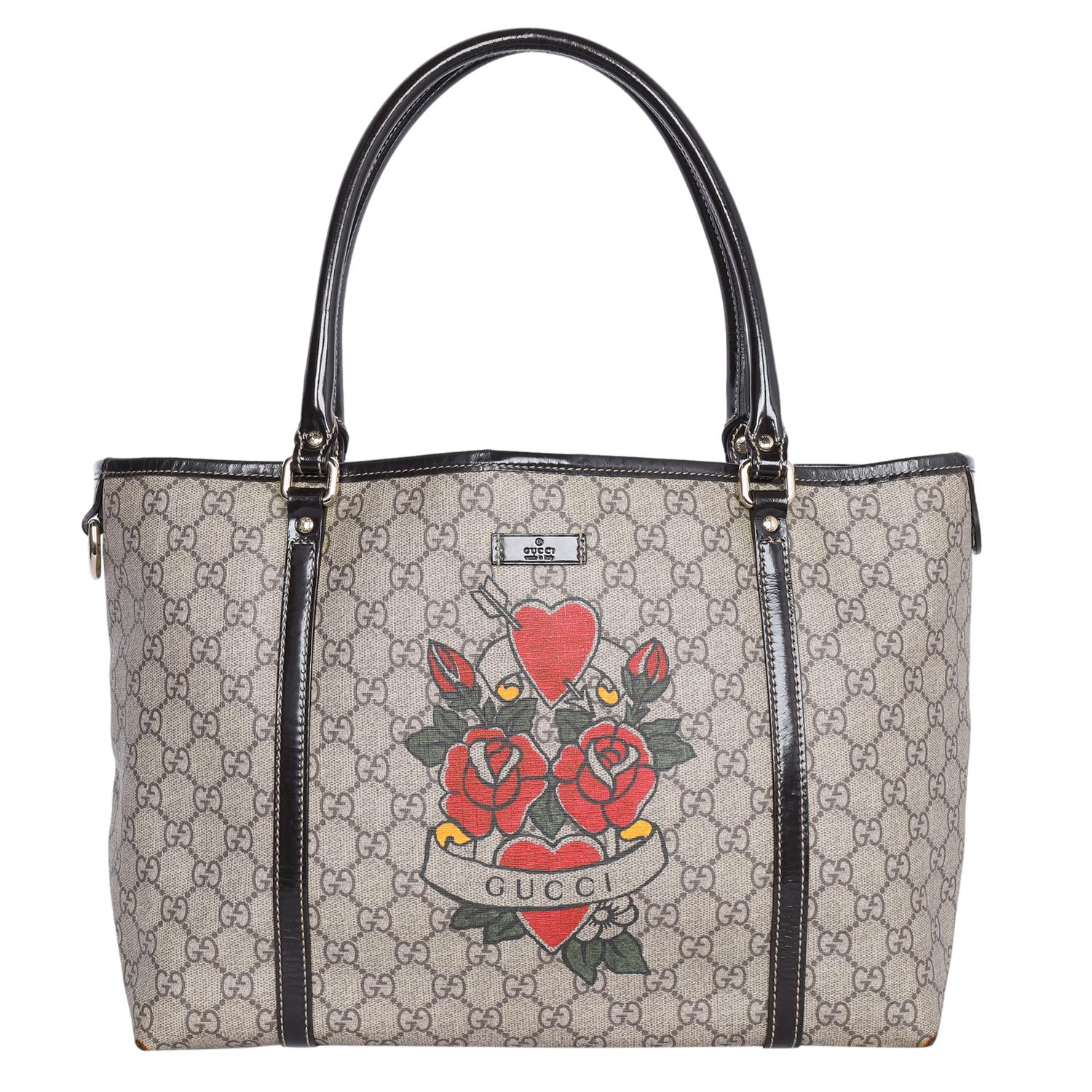 Gucci Brown Beige Heart Tattoo Shoulder Bag Tote In Good Condition For Sale In Salt Lake Cty, UT