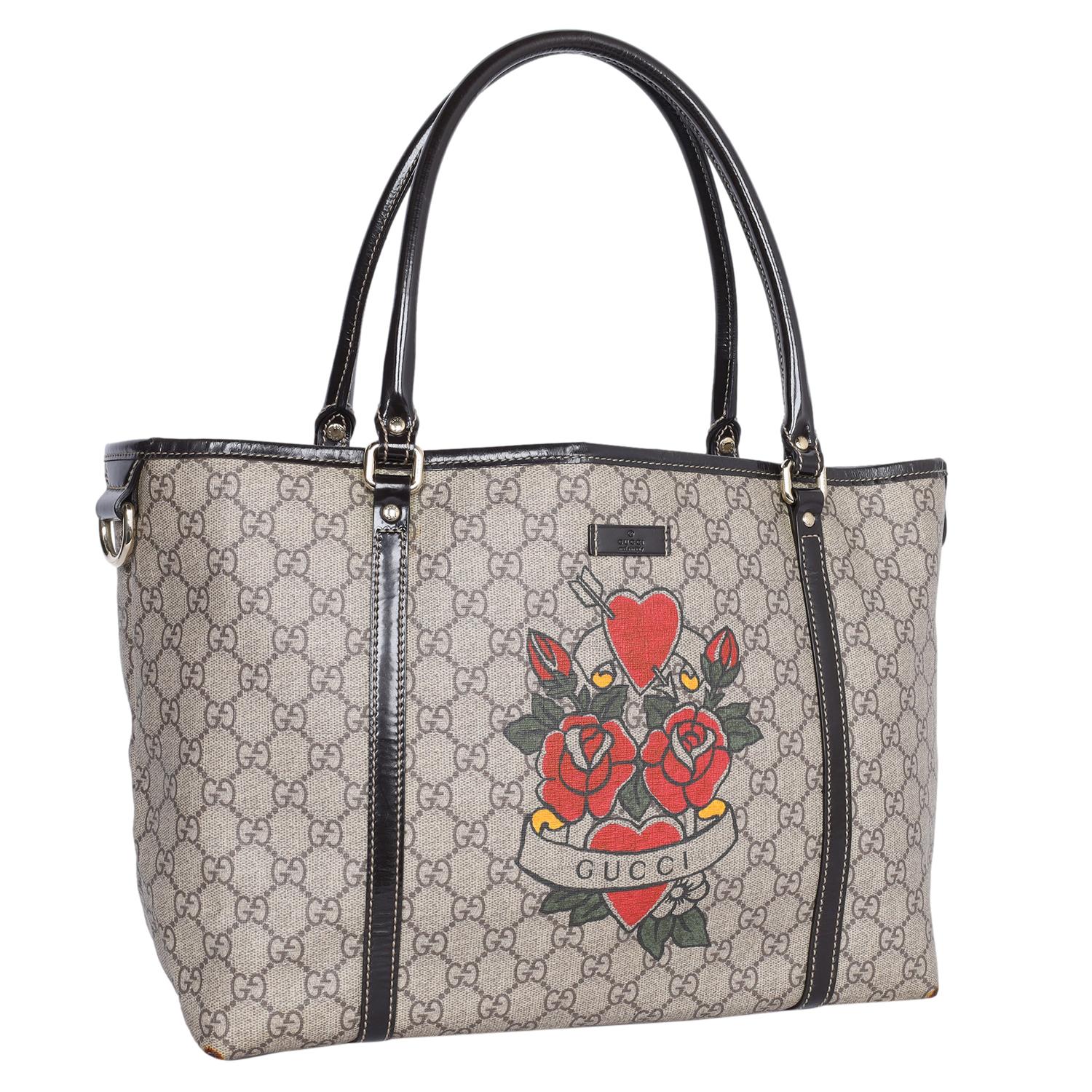 Women's Gucci Brown Beige Heart Tattoo Shoulder Bag Tote