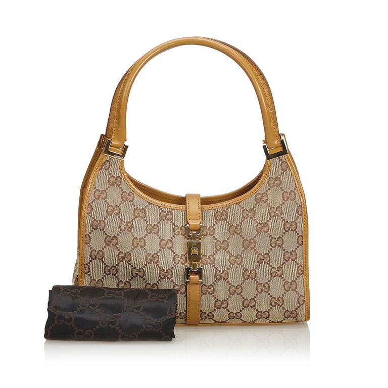 Gucci Brown Beige Jacquard Fabric GG Jackie Handbag Italy w/ Dust Bag at 1stdibs
