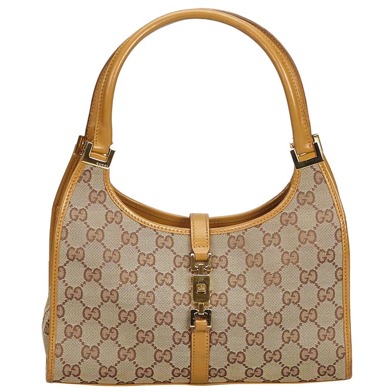 Gucci Brown Beige Jacquard Fabric GG Jackie Handbag Italy w/ Dust Bag For Sale at 1stdibs