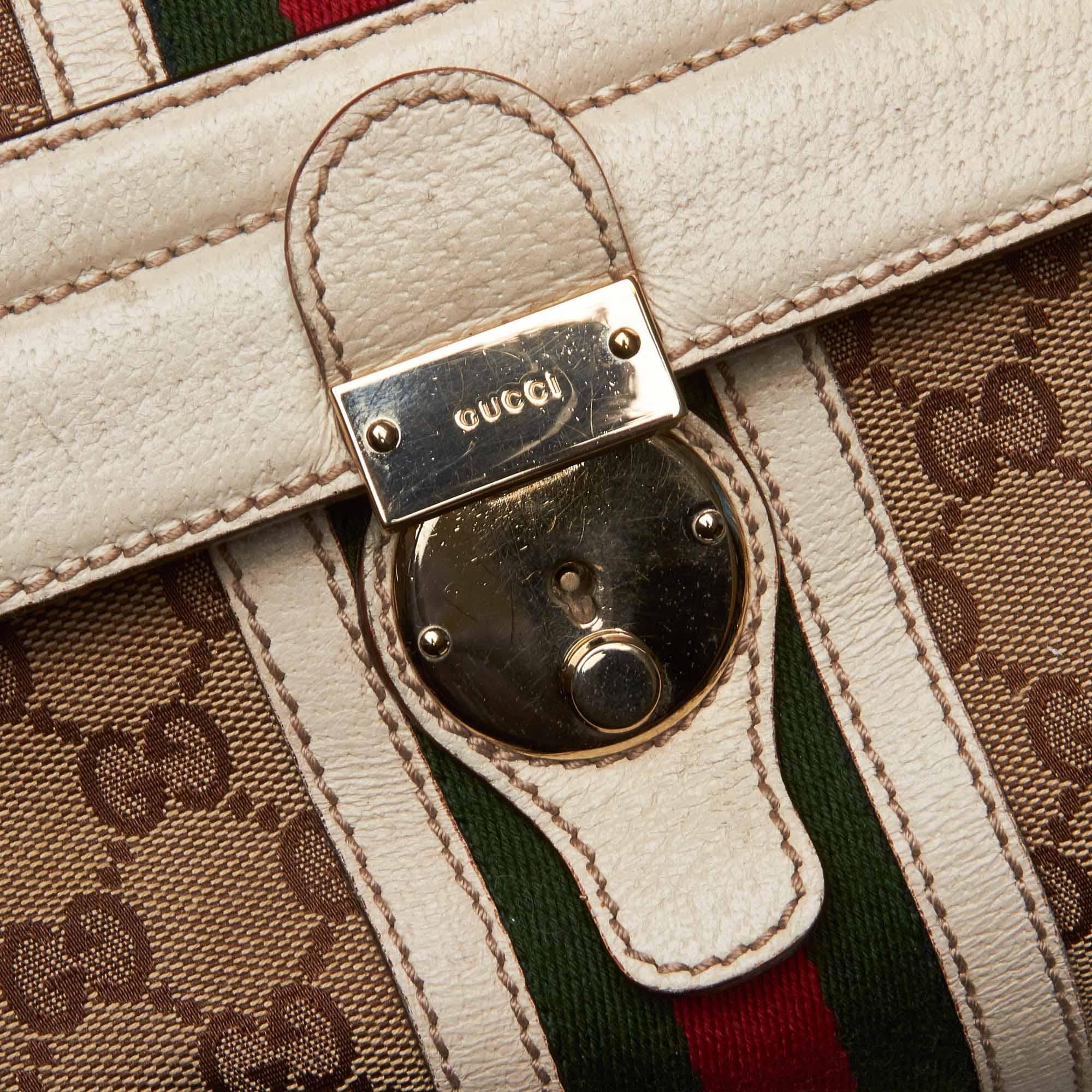 Gucci Brown Beige Jacquard Fabric Large GG Web Treasure Handbag Italy For Sale 8