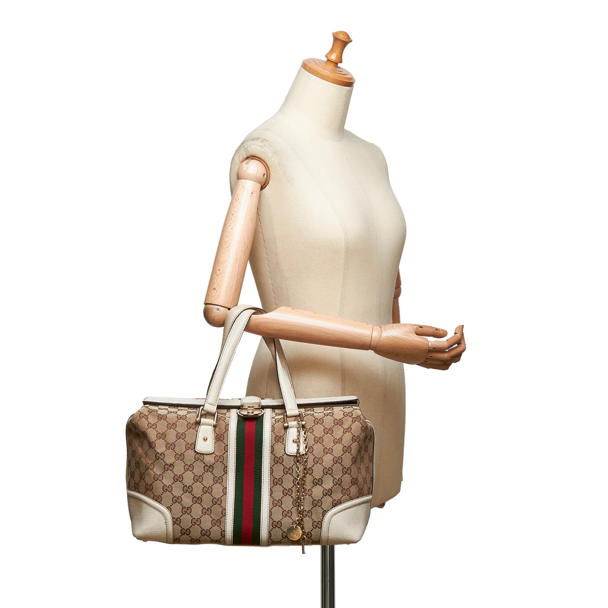 Gucci Brown Beige Jacquard Fabric Large GG Web Treasure Handbag Italy For Sale 9