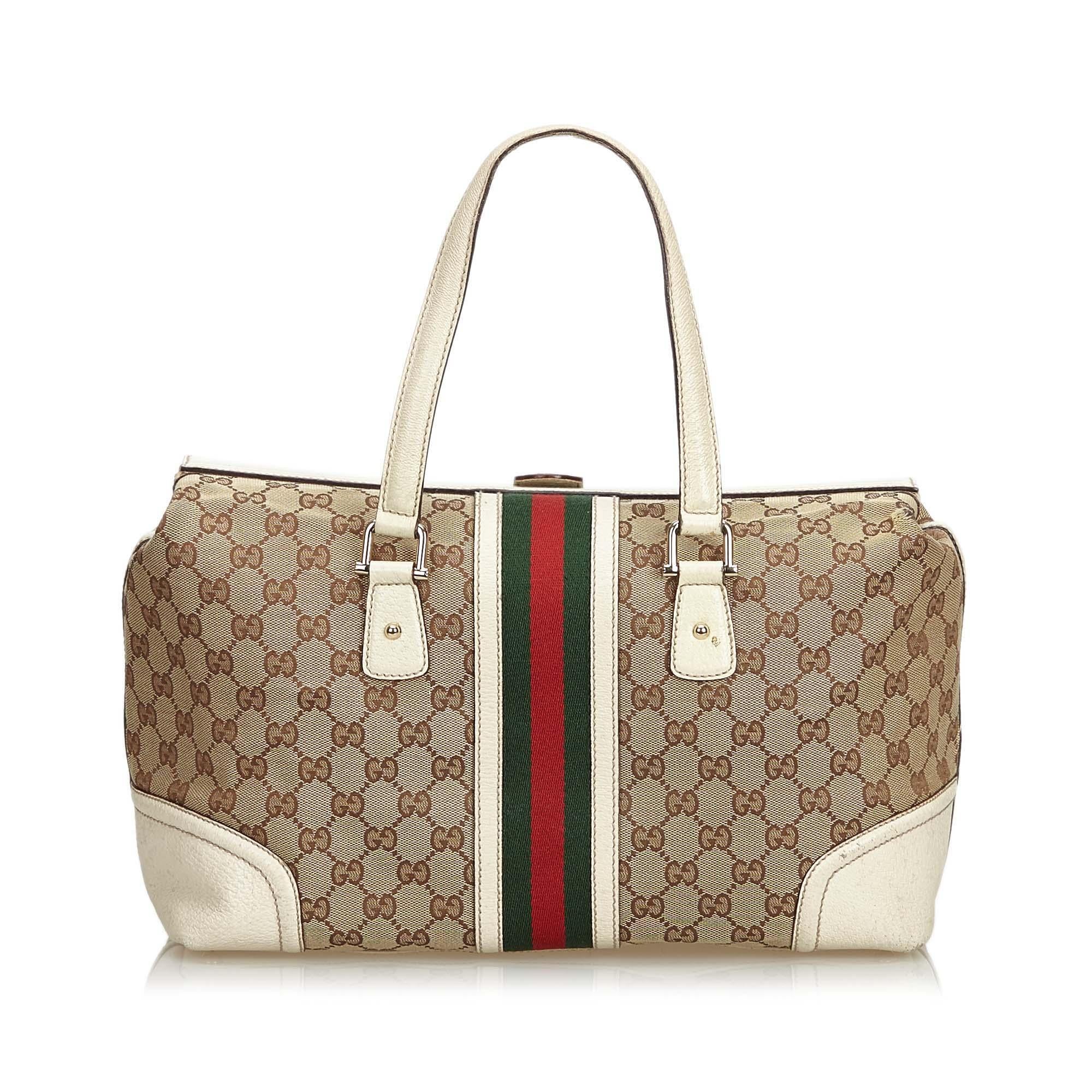 Gucci Brown Beige Jacquard Fabric Large GG Web Treasure Handbag Italy In Good Condition For Sale In Orlando, FL