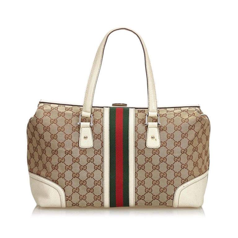Gucci Brown Beige Jacquard Fabric Large GG Web Treasure Handbag Italy ...