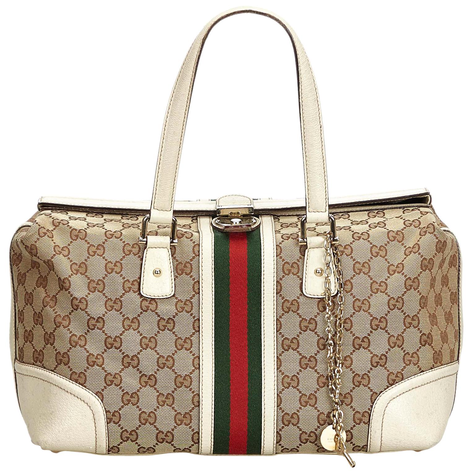 Gucci Brown Beige Jacquard Fabric Large GG Web Treasure Handbag Italy For Sale