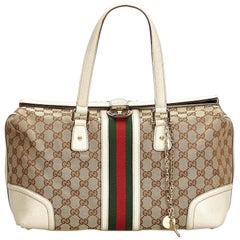 Gucci Brown Beige Jacquard Fabric Large GG Web Treasure Handbag Italy