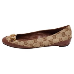 Gucci Brown/Beige Leather and GG Canvas Horsebit Ballet Flats Size 35
