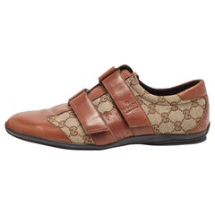 Gucci Brown/Beige Leather and GG Canvas Velcro Sneakers Size 43