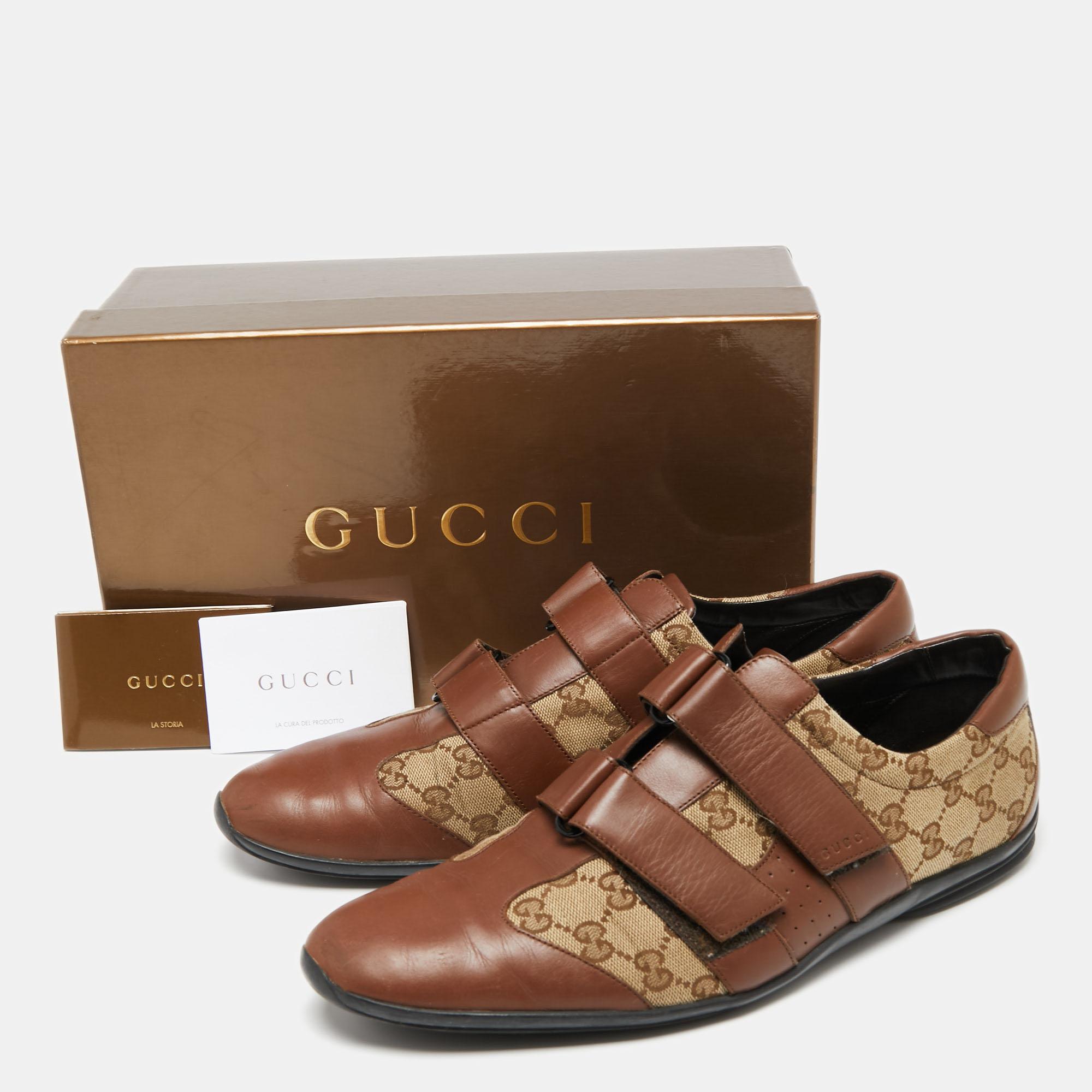 Women's Gucci Brown/Beige Leather And GG Canvas Velcro Sneakers Size 45
