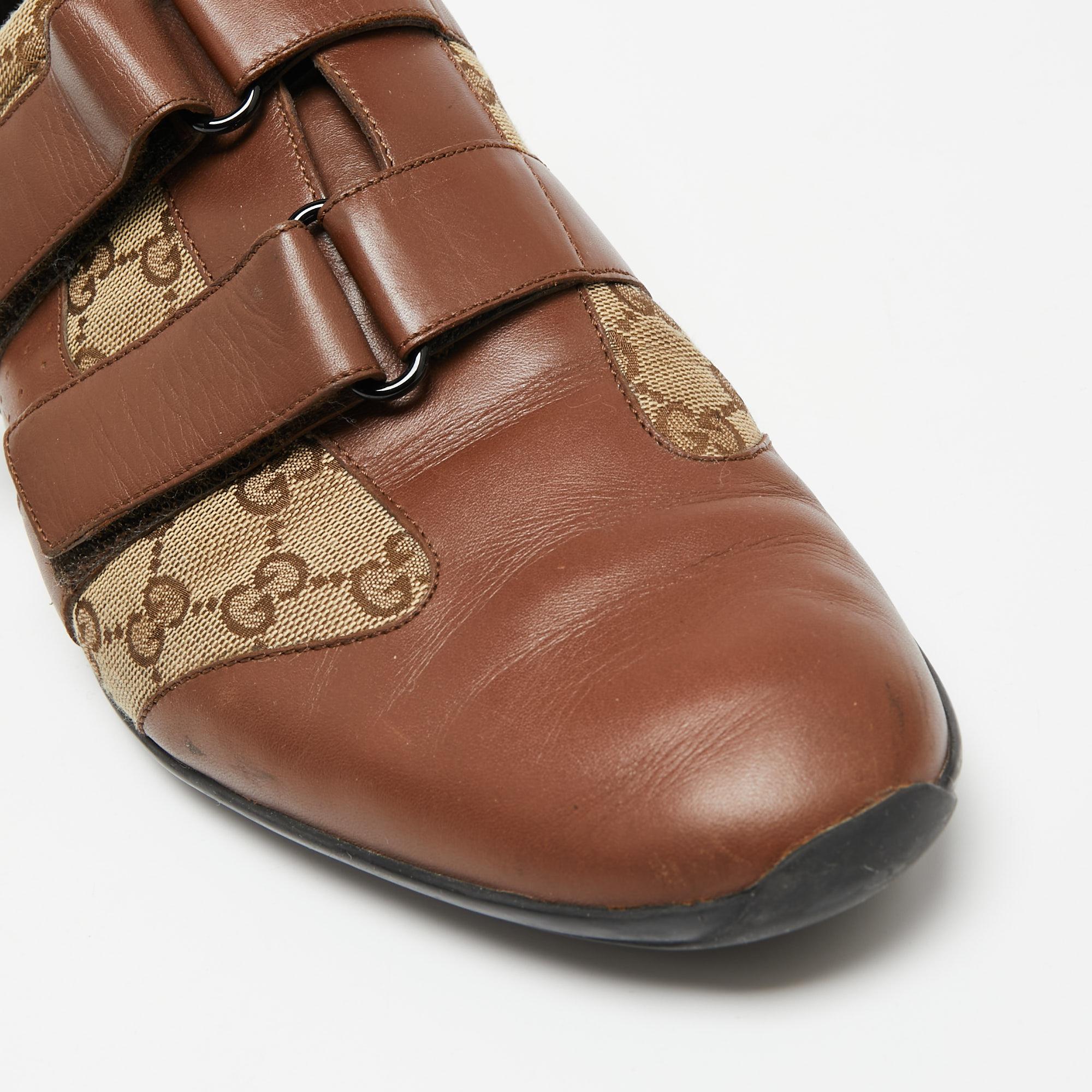 Gucci Brown/Beige Leather And GG Canvas Velcro Sneakers Size 45 2