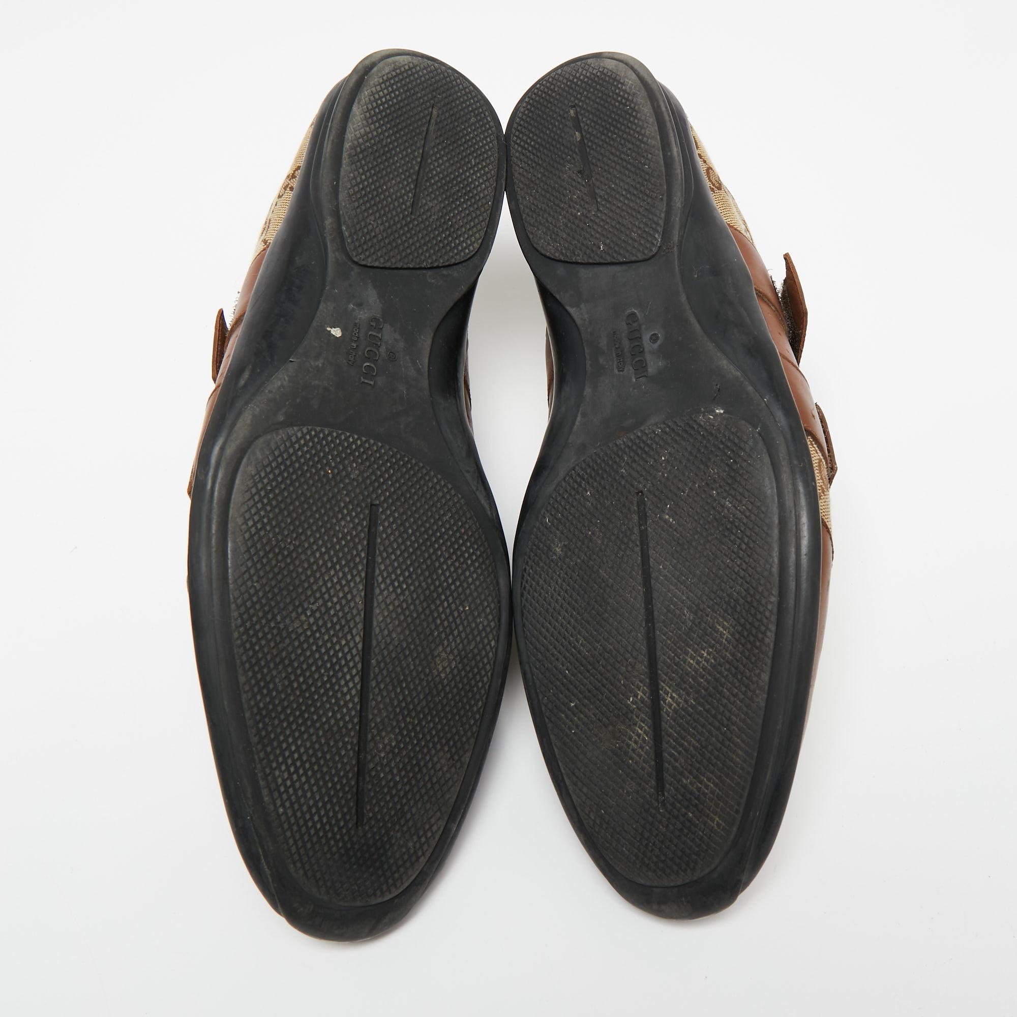Gucci Brown/Beige Leather And GG Canvas Velcro Sneakers Size 45 3