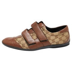 Gucci Braun/Beige Leder und GG Canvas Velcro Turnschuhe Größe 45