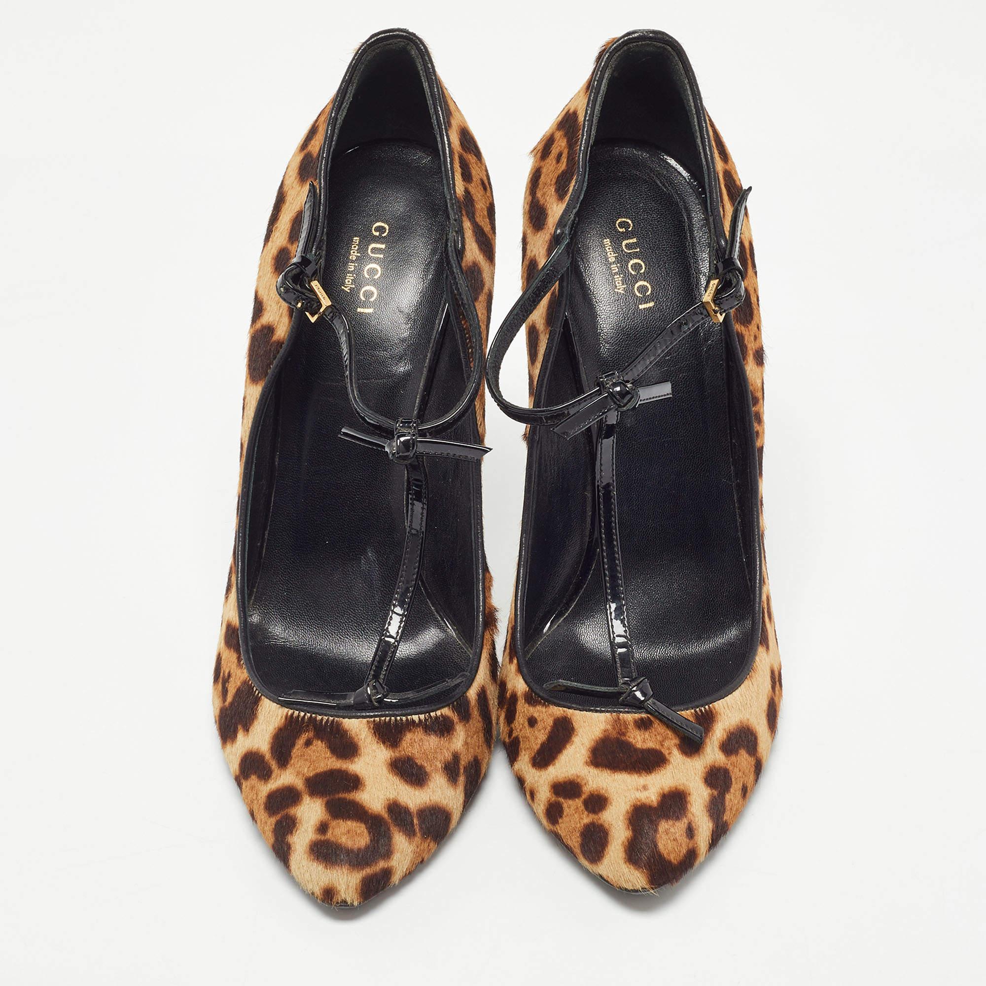 Black Gucci Brown/Beige Leopard Print Calf Hair Beverly Pumps Size 40