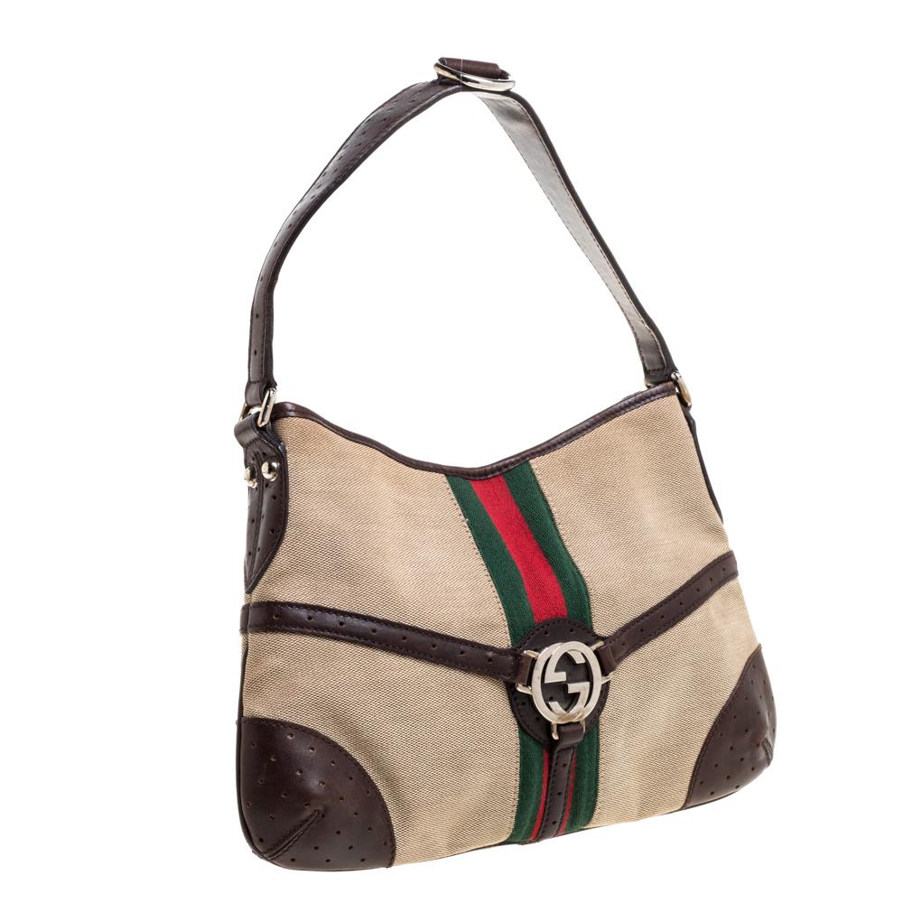 Women's Gucci Brown/Beige Perforated Leather and Canvas Reins Hobo
