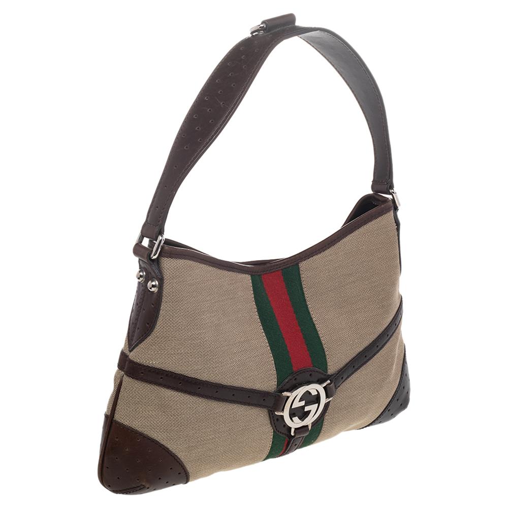 Women's Gucci Brown/Beige Perforated Leather And Canvas Reins Hobo
