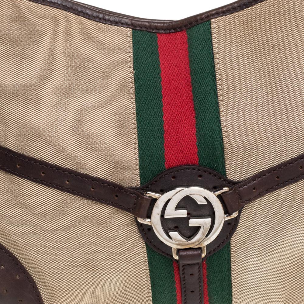Gucci Brown/Beige Perforated Leather and Canvas Reins Hobo 3