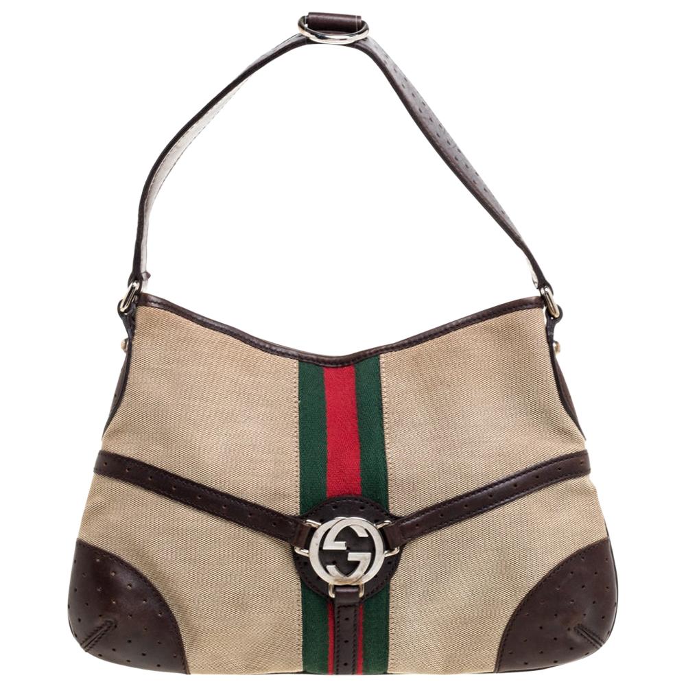 Gucci Brown/Beige Perforated Leather and Canvas Reins Hobo