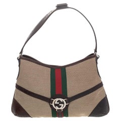 Gucci Brown/Beige Perforated Leather And Canvas Reins Hobo