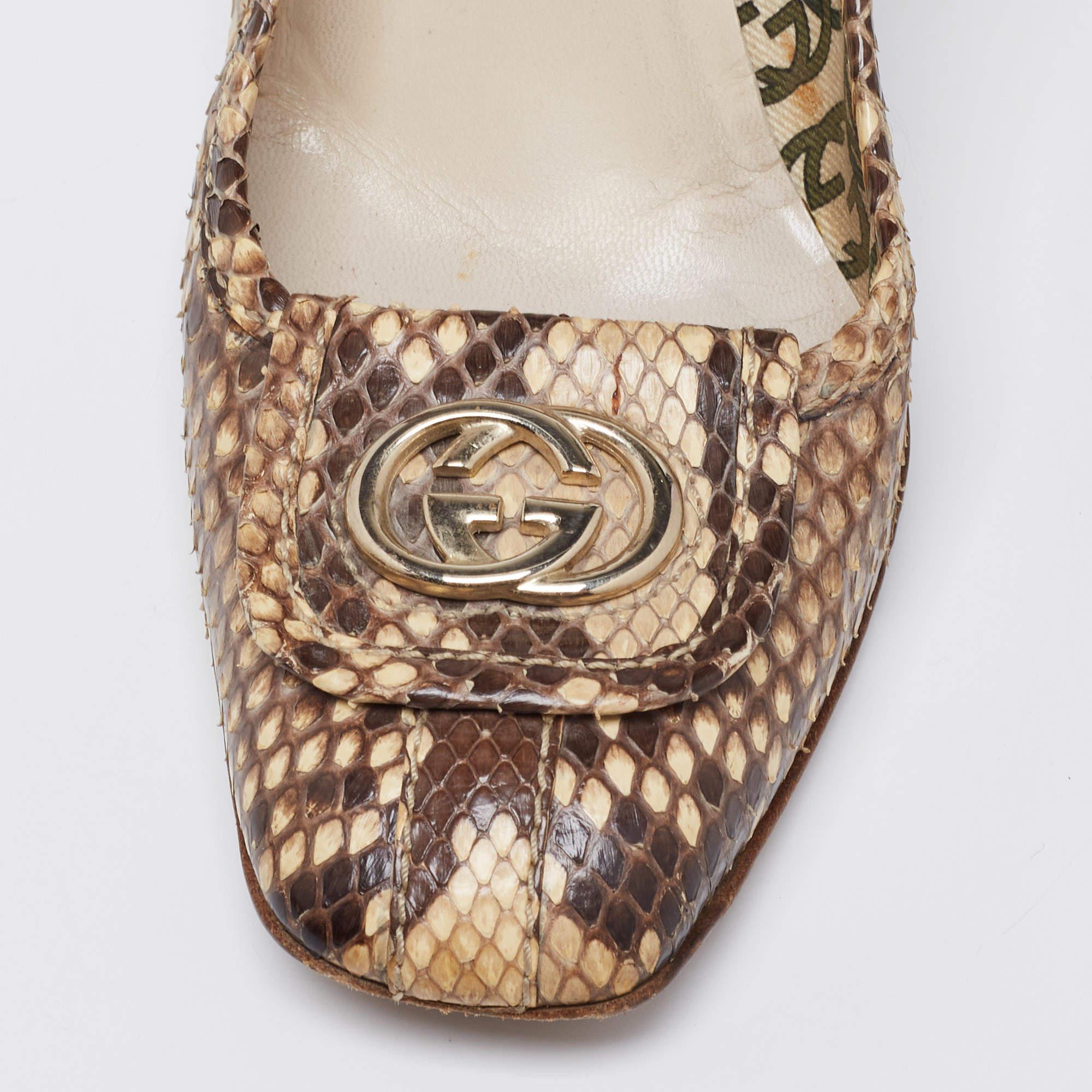 Gucci Brown/Beige Python GG Square Toe Pumps Size 39 For Sale 1