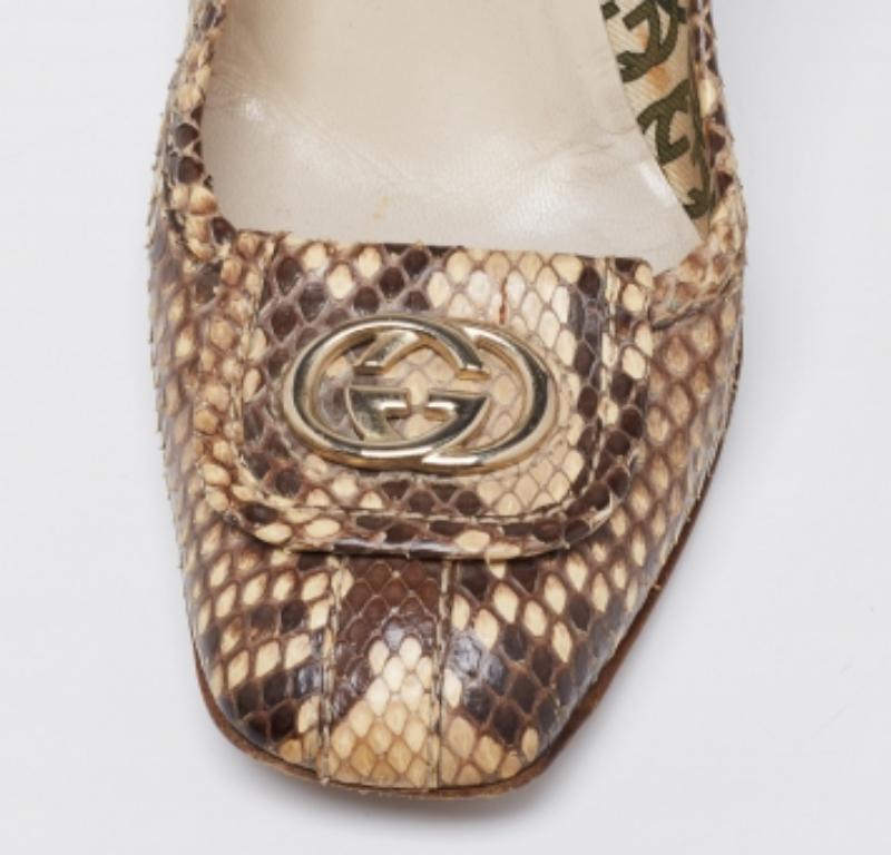 Gucci Brown/Beige Python GG Square Toe Pumps Size 39 For Sale 2