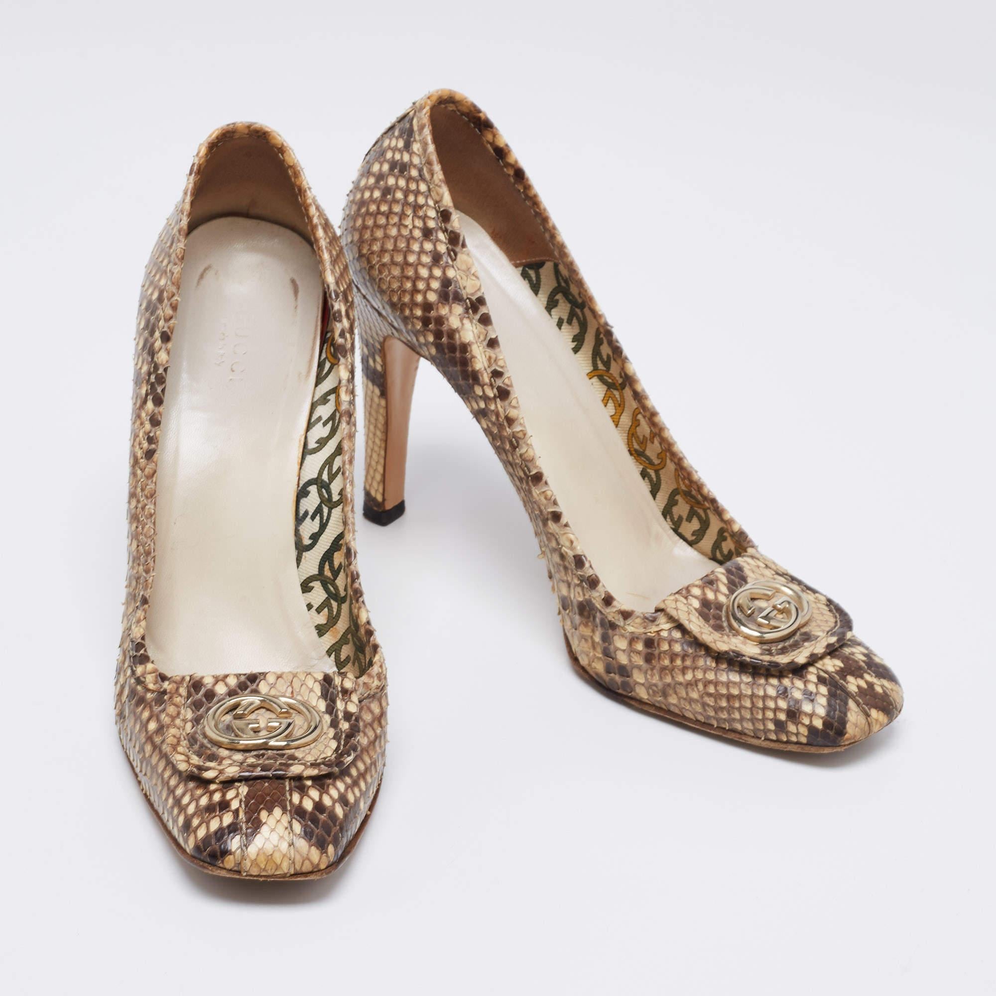 Gucci Brown/Beige Python GG Square Toe Pumps Size 39 For Sale 2