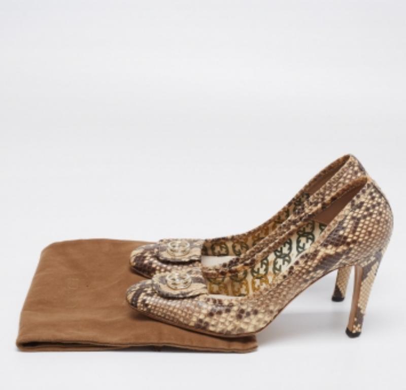 Gucci Brown/Beige Python GG Square Toe Pumps Size 39 For Sale 5