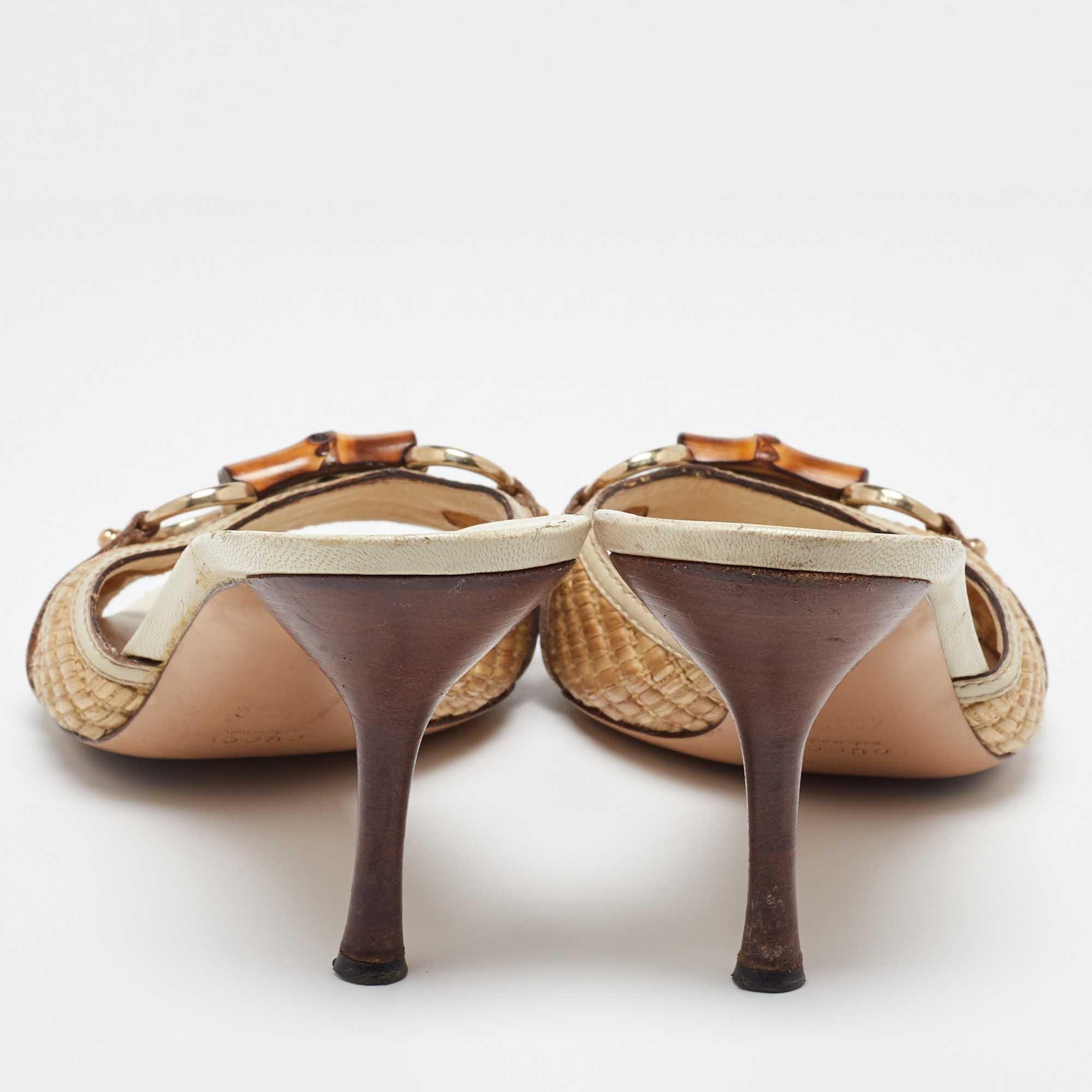 Gucci Brown/Beige Raffia and Leather Bamboo Horsebit Slide Sandals Size 40.5 1