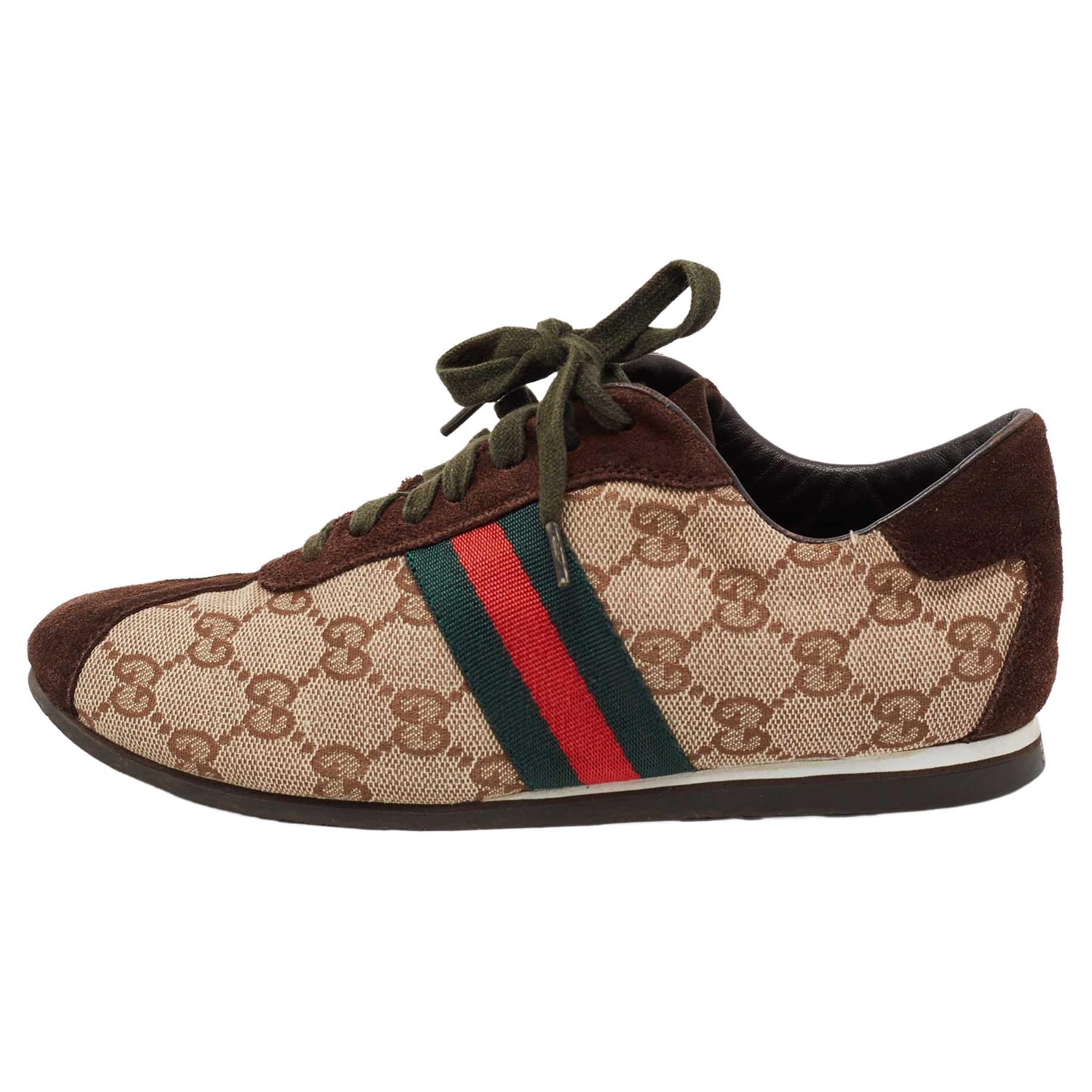 Gucci Brown/Beige Suede and GG Canvas Web Low-Top Sneakers Size 37